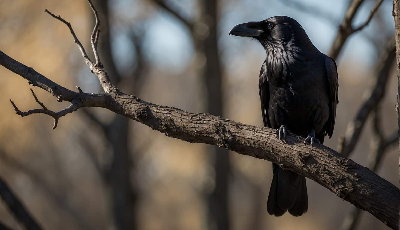 A raven perched on a bare tree branch, with its glossy black feathers catching the light. A second raven flies overhead, creating a sense of duality in the scene