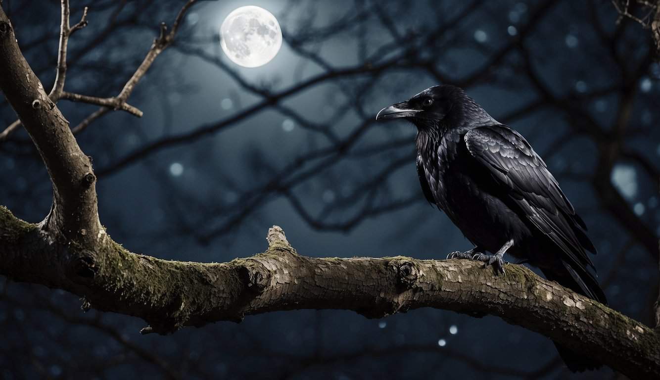 A raven perched on a gnarled tree branch, its feathers glistening in the moonlight. Surrounding it, symbols of death, wisdom, and mystery