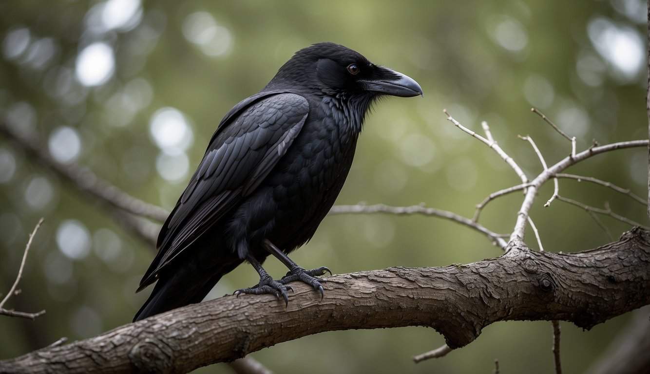 A raven perched on a gnarled tree branch, its glossy black feathers catching the light. The bird's piercing eyes convey a sense of wisdom and mystery, while its presence exudes a powerful and spiritual energy