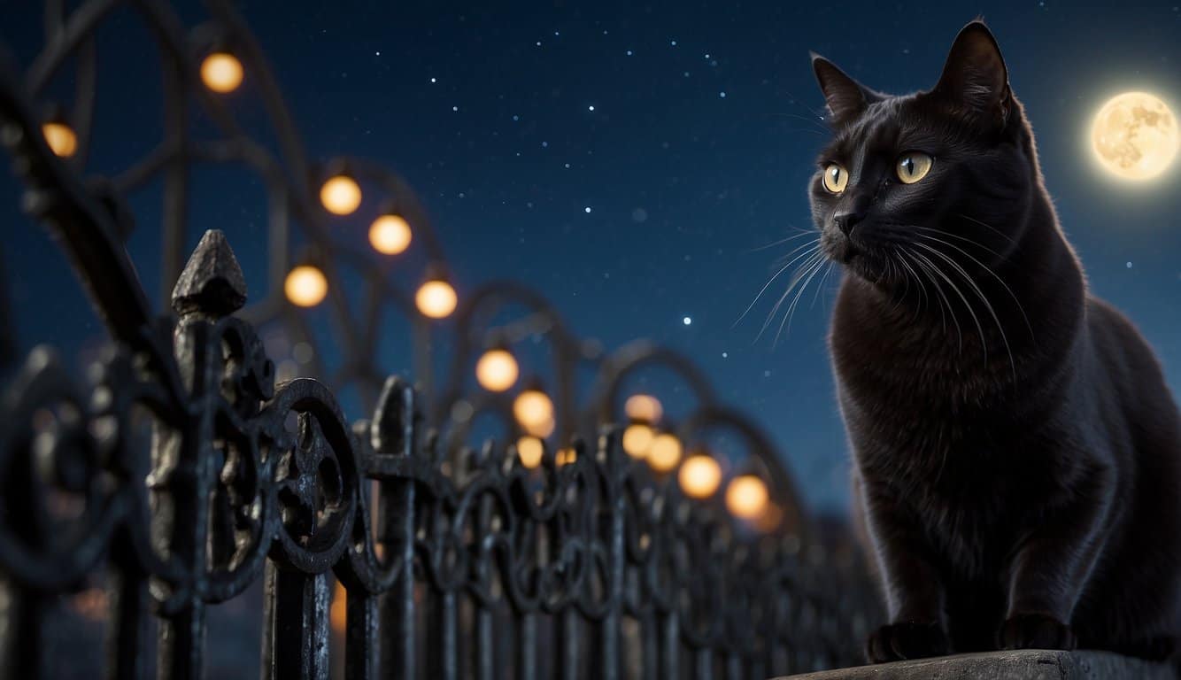 A black cat perched on a moonlit fence, its eyes glowing with mystery and wisdom, surrounded by mystical symbols