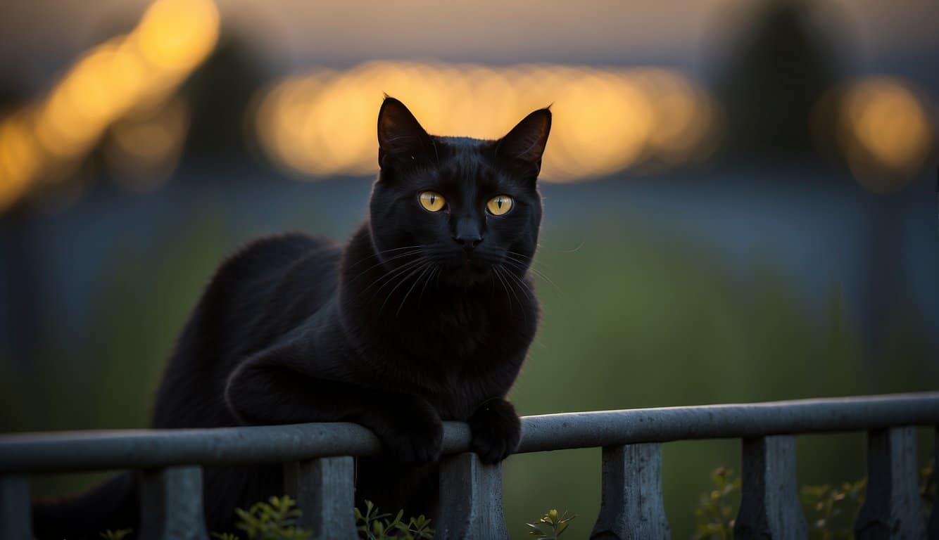 A black cat sits atop a moonlit fence, its piercing yellow eyes glowing with an air of mystery and spiritual significance