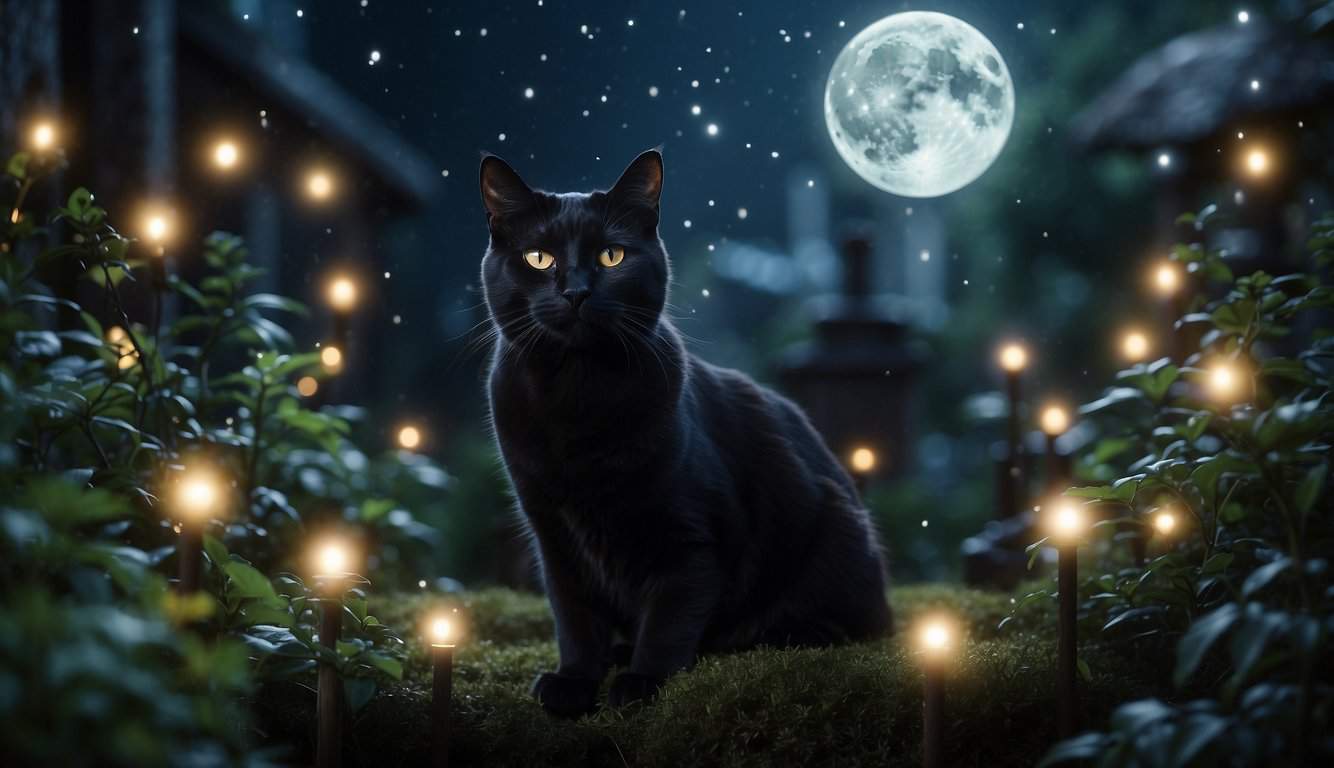 A black cat sits in a moonlit garden, surrounded by mystical symbols and glowing orbs, evoking a sense of spiritual mystery and ancient wisdom