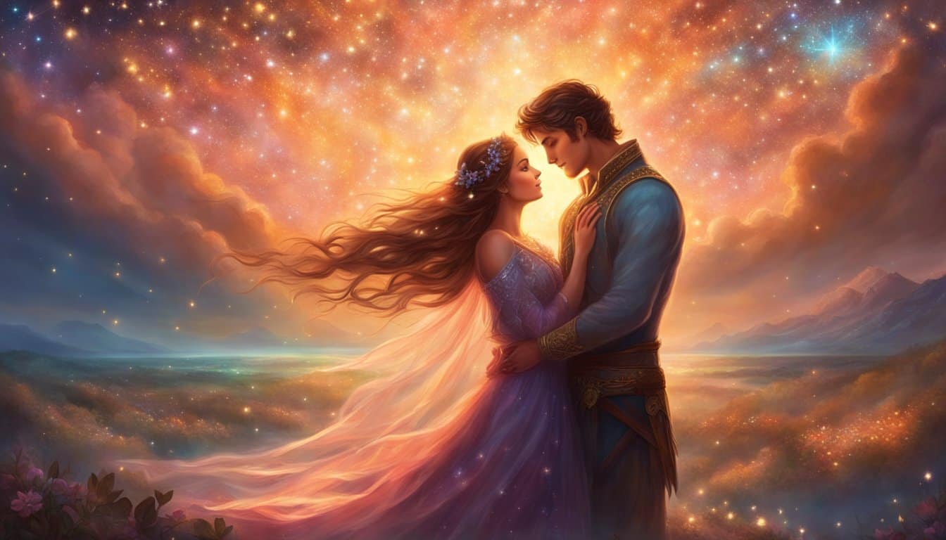 A couple stands beneath a starry sky, surrounded by the glow of a thousand twinkling lights, symbolizing love and unity