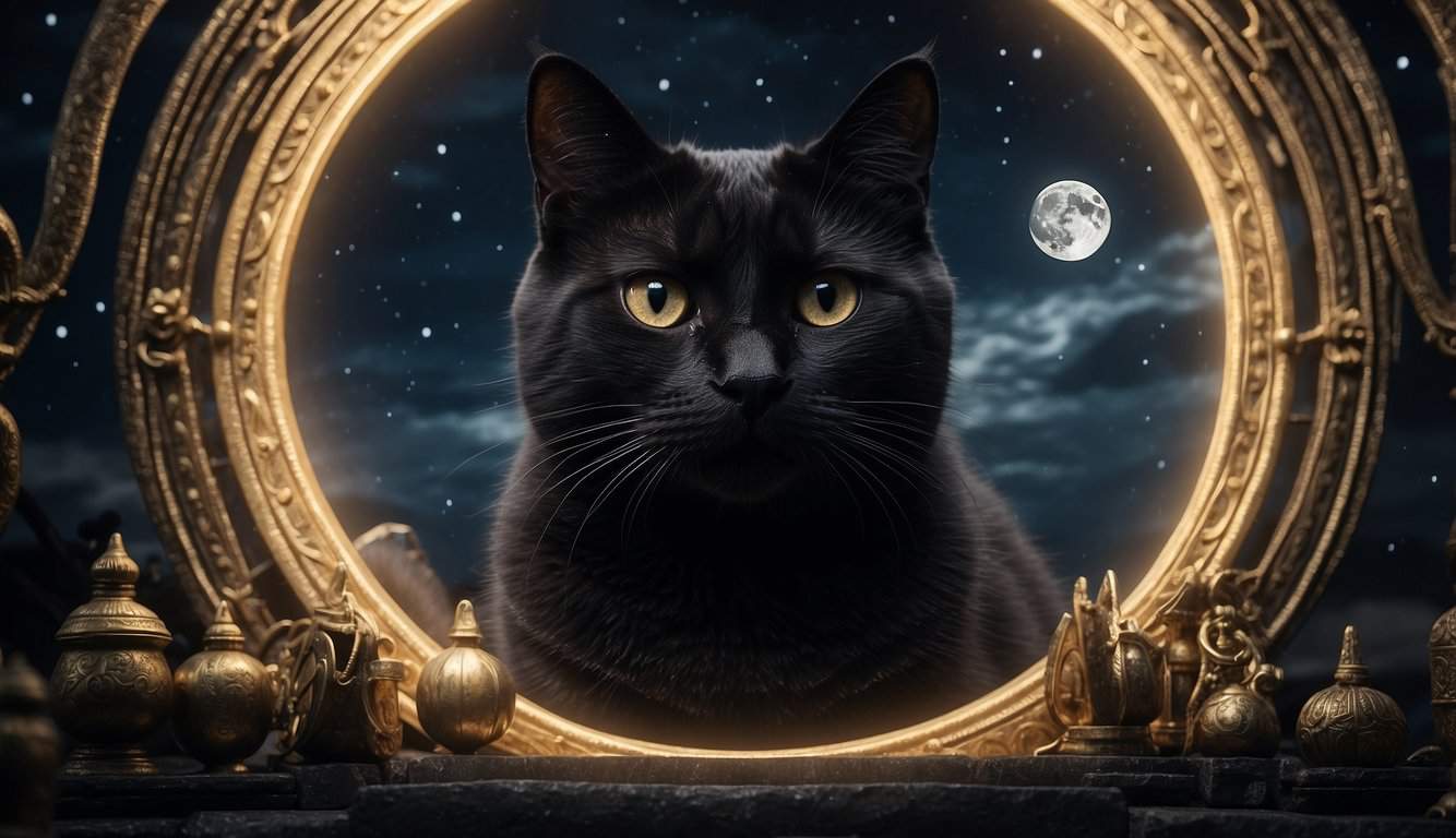 A black cat sits beneath a full moon, its eyes glowing with mystery and wisdom, surrounded by symbols of luck and intuition
