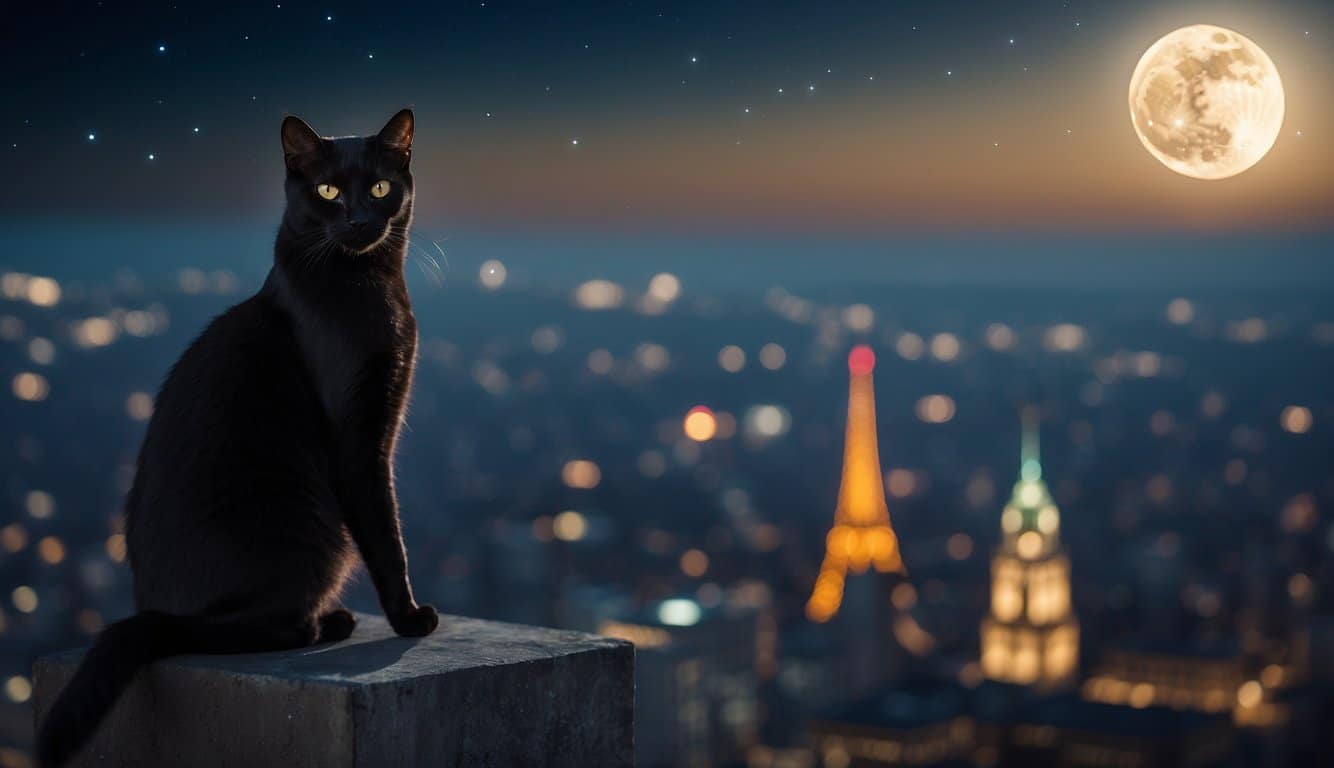 A black cat sits atop a glowing city skyline, with a full moon in the sky and a sense of mystery and magic in the air