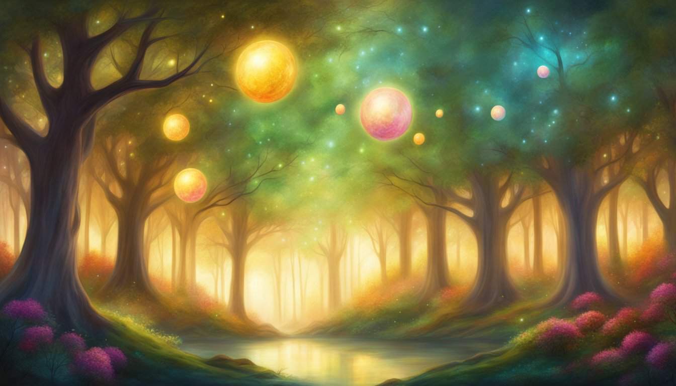 A serene forest clearing with four trees, each bearing four bright, glowing orbs, casting a peaceful and harmonious light on the surroundings