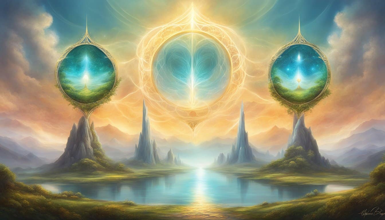 A serene landscape with four prominent, identical objects arranged in a symmetrical pattern, surrounded by a sense of spiritual energy and connection