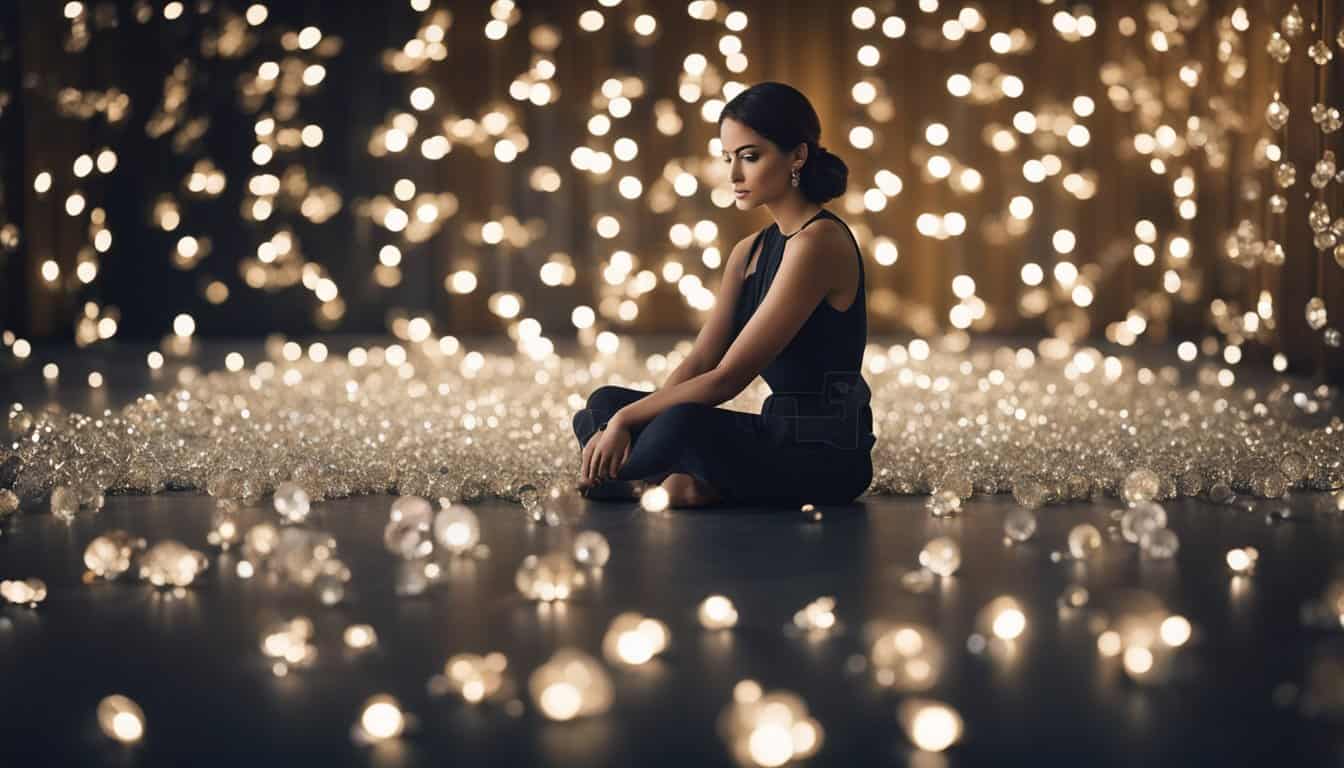 A female figure sits on the floor surrounded by sparkling crystals, lost in thought