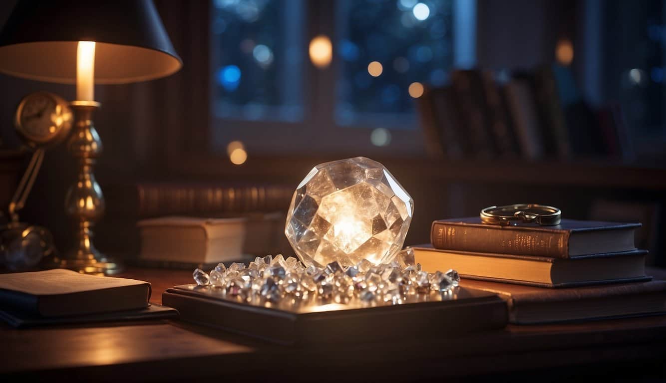 A desk with glowing crystals, books, and study materials. A beam of light shines on the crystals, emitting a sense of focus and concentration