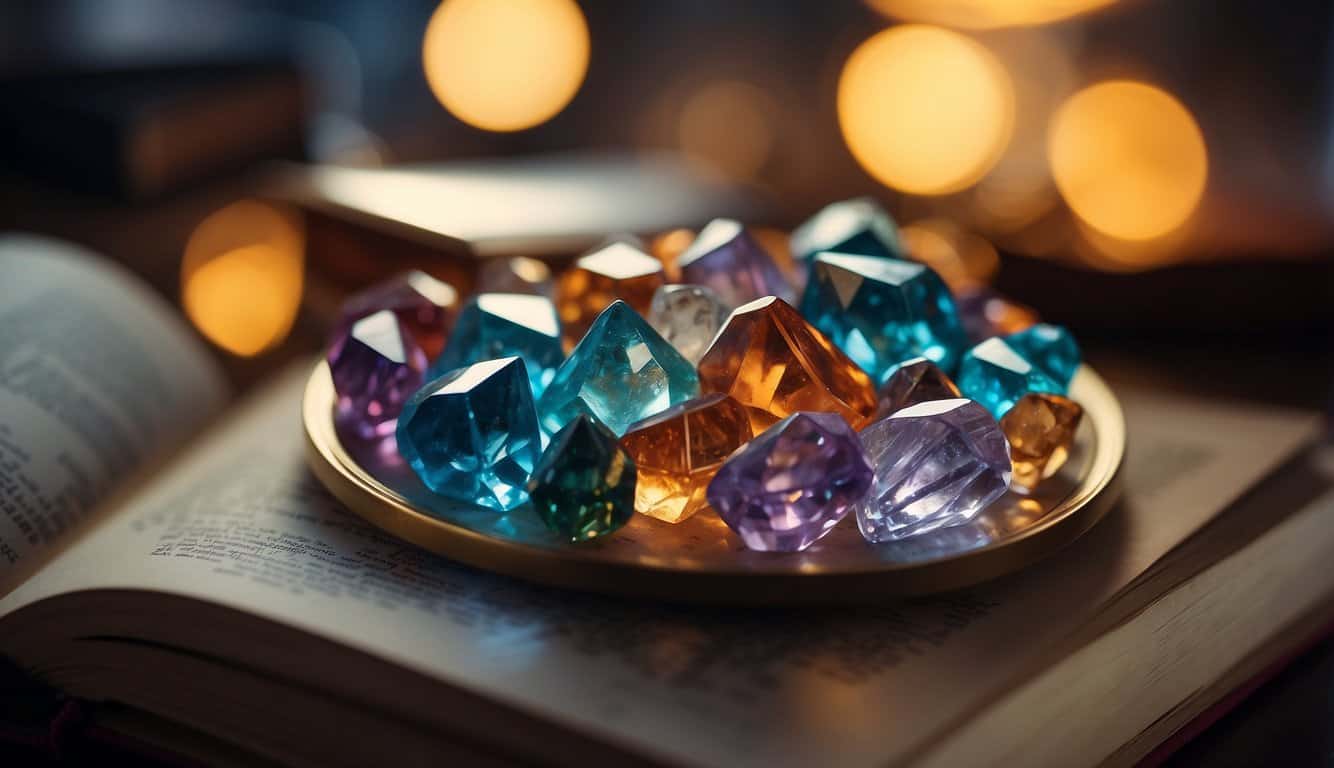 Colorful crystals arranged in a calming pattern, surrounded by books and study materials. A serene atmosphere with soft lighting and a sense of focus and determination