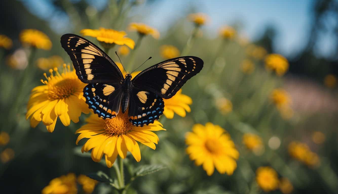 A black and yellow butterfly rests on a vibrant flower, symbolizing cultural significance and transformation in nature