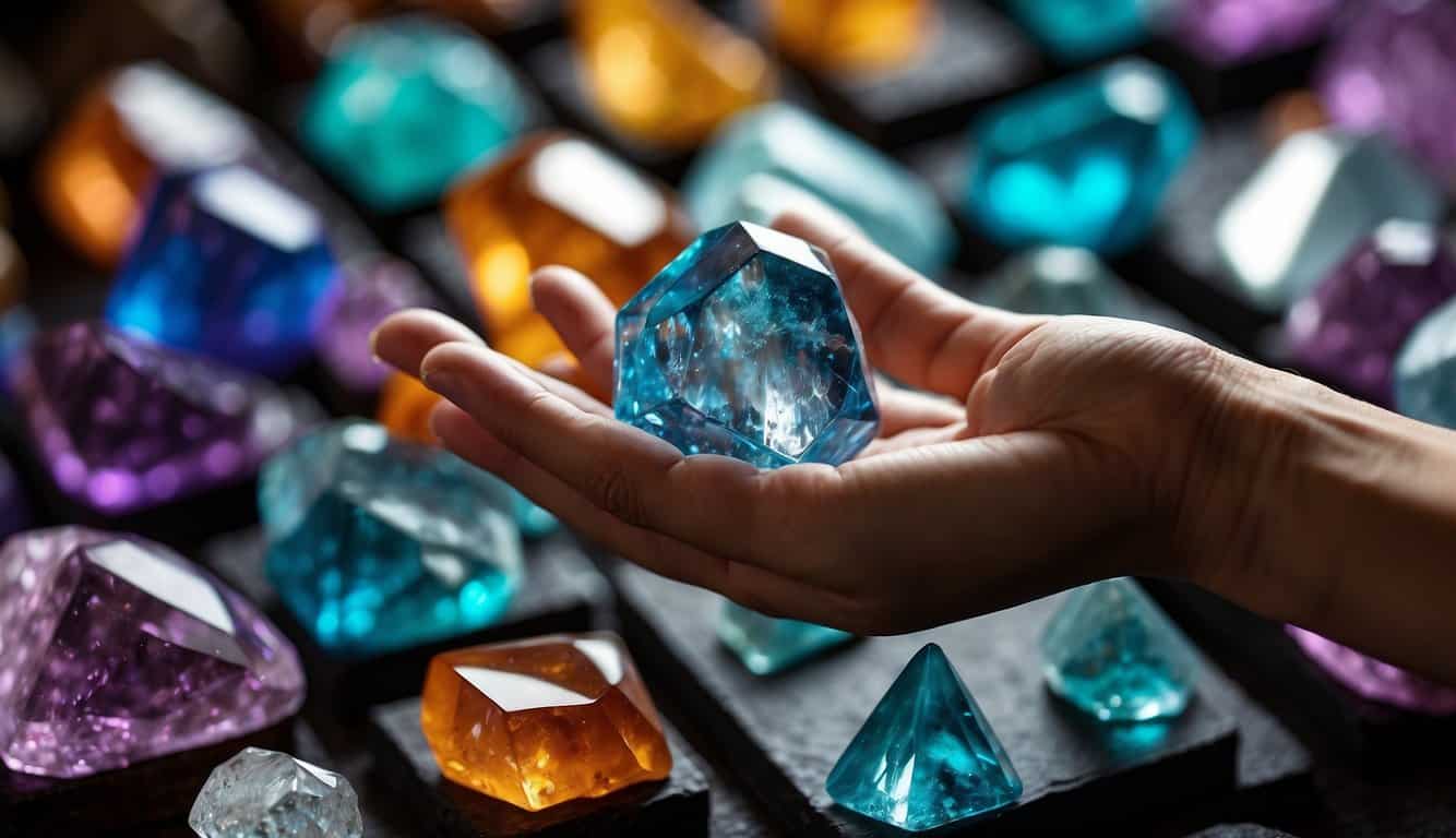 A hand reaches out to carefully choose crystals from a variety of options, considering their color, shape, and energy for decision making