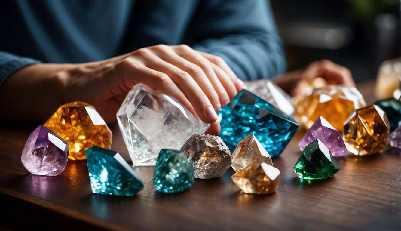 A table covered in various crystals, with a person holding one and pondering over a decision