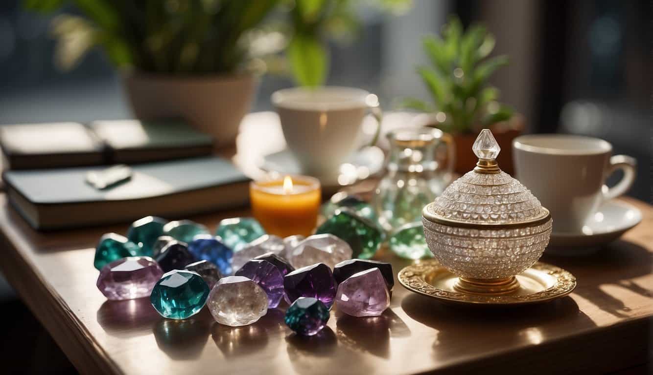 A table with a variety of crystals arranged in a decorative pattern, surrounded by everyday objects like a journal, a cup of tea, and a potted plant