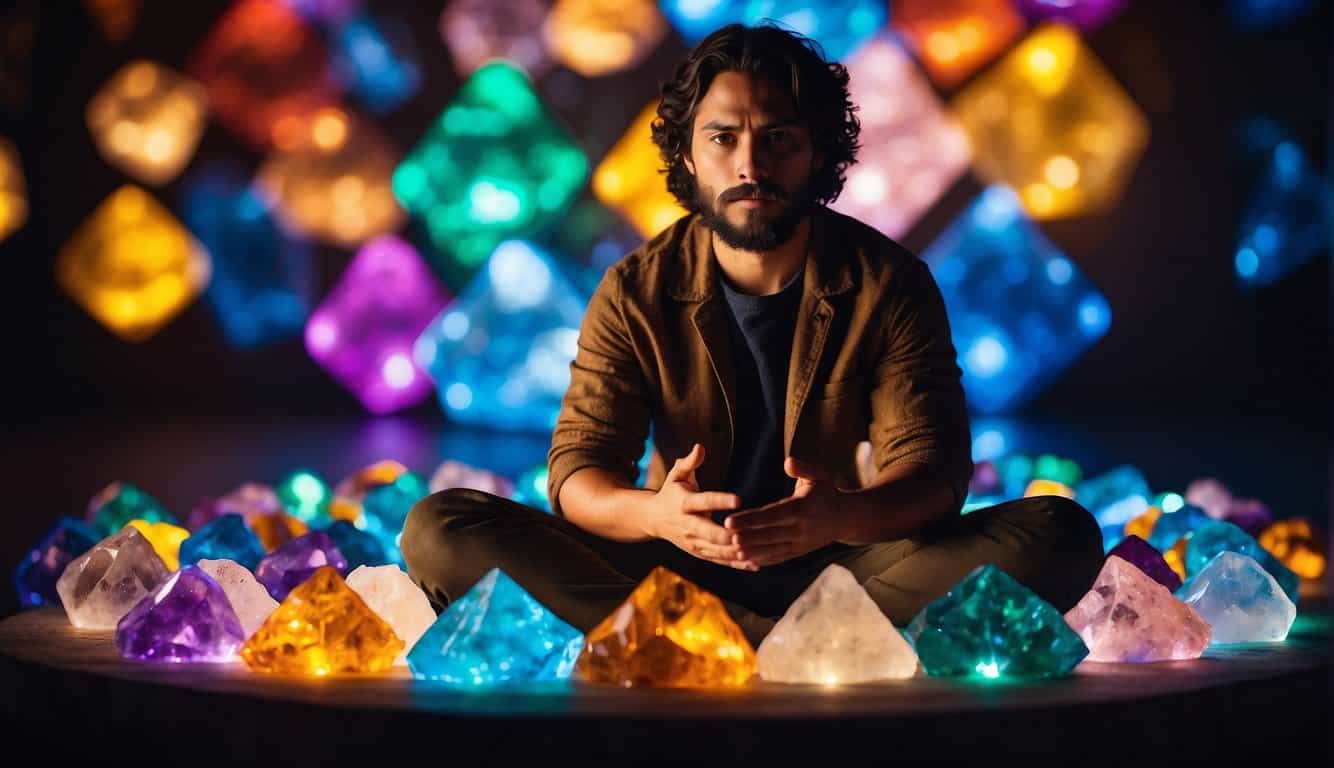 A person sits cross-legged, surrounded by colorful crystals. Each crystal corresponds to a different chakra, emitting a soft glow. The person holds a crystal in each hand, focusing intently on their energy
