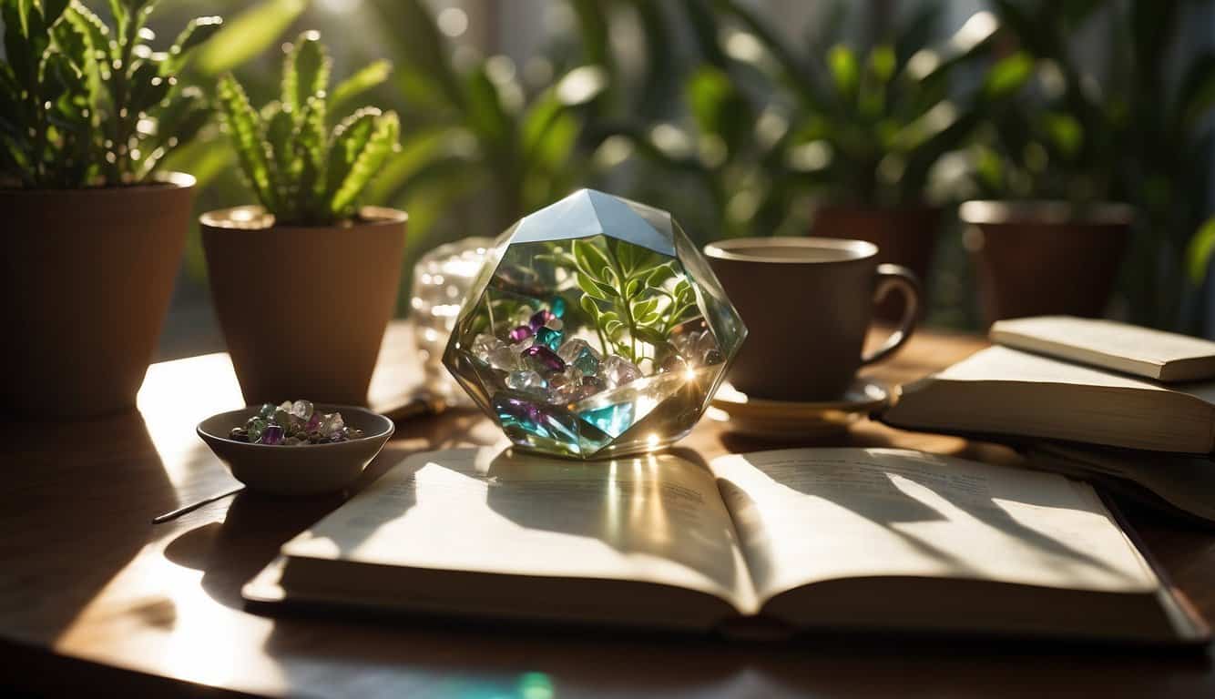 A table adorned with crystals, surrounded by plants. Sunlight streams in, casting colorful reflections. A journal and pen sit nearby, ready for intention setting