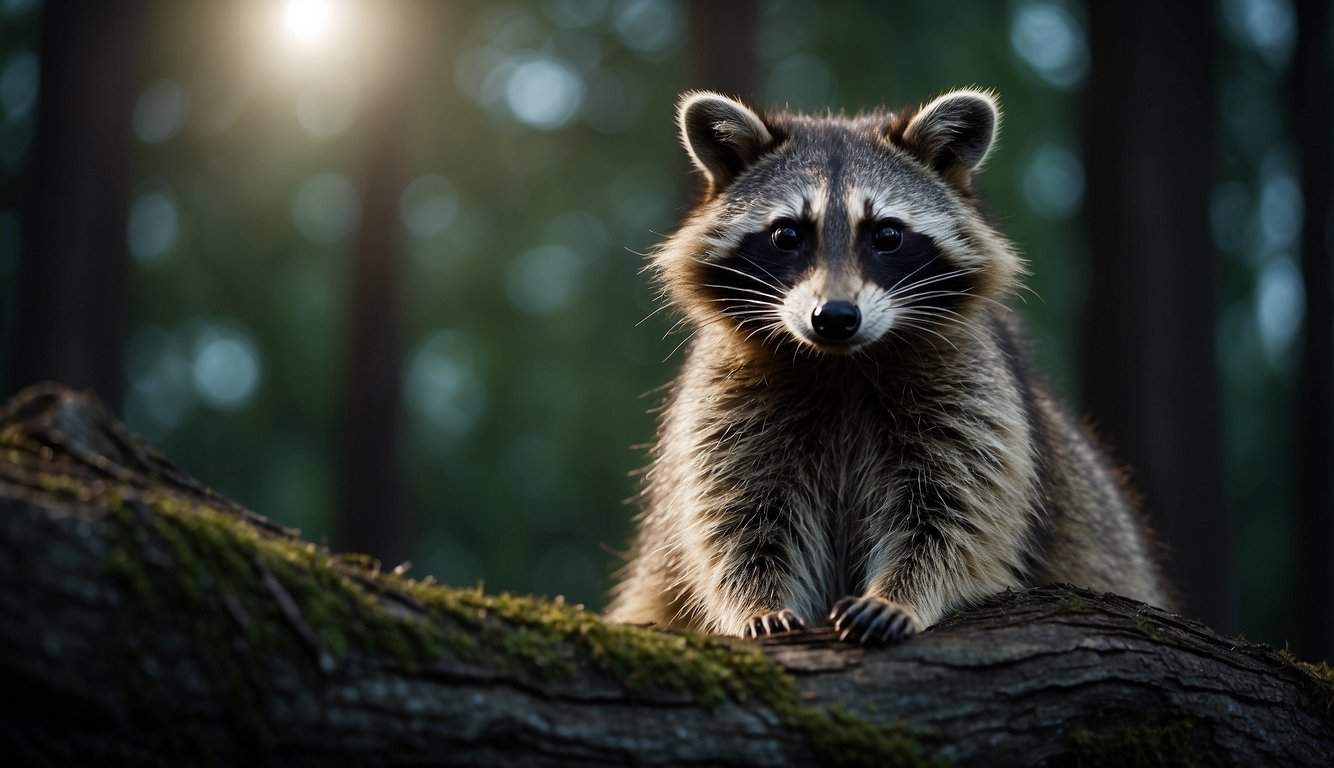 A raccoon stands at the edge of a moonlit forest, its masked face turned towards the viewer with a sense of curiosity and intelligence