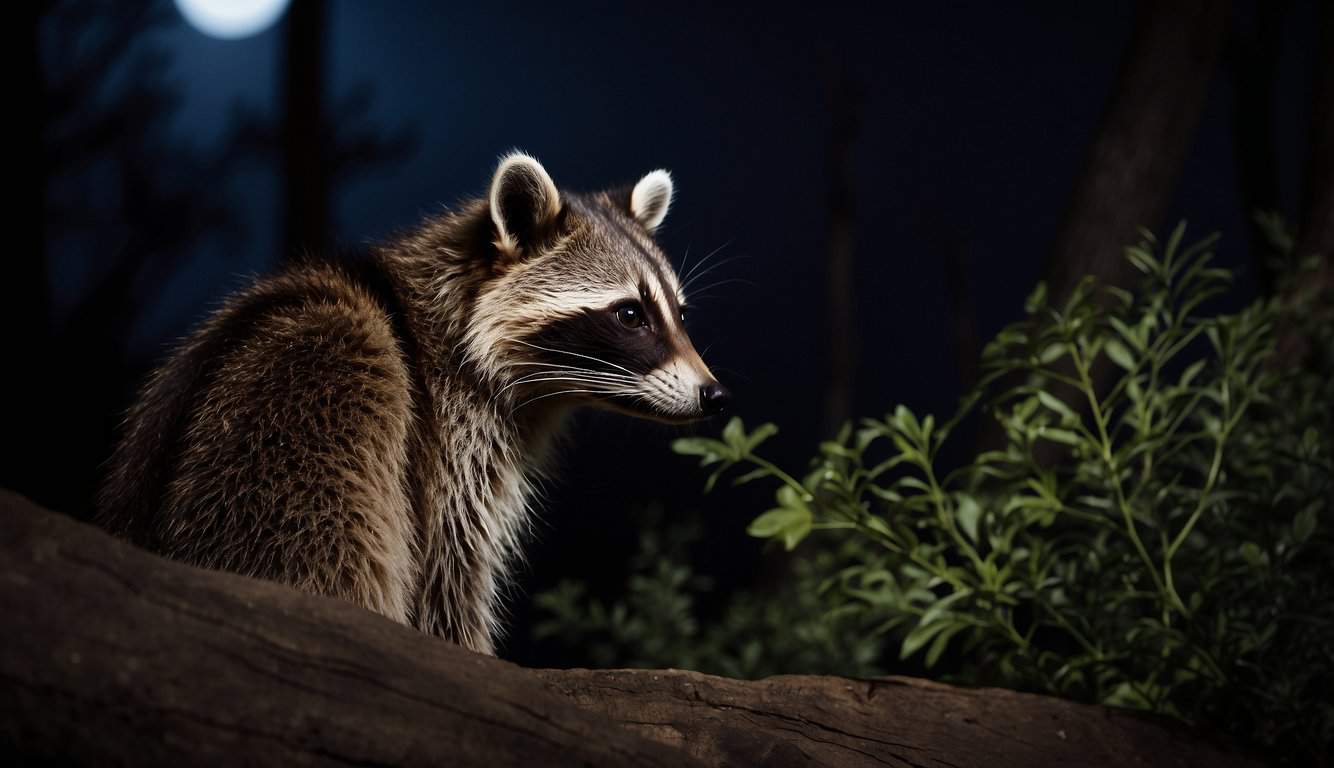 A raccoon peers curiously from the shadows, its masked face and ringed tail silhouetted against the moonlit night