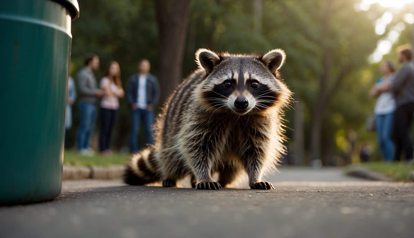 A raccoon cautiously approaches a trash can, its masked face curious. Nearby, a group of people watch, interpreting the encounter with fascination
