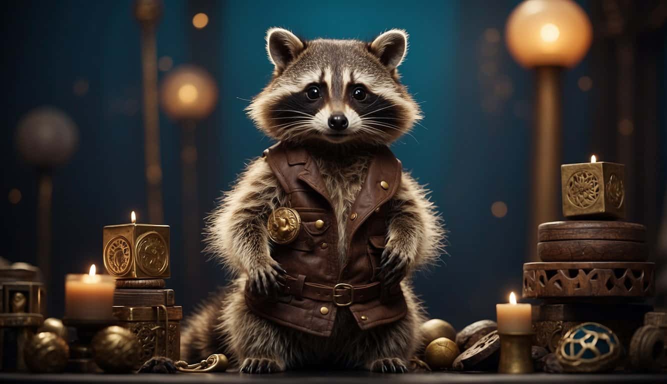 A raccoon stands on hind legs, surrounded by symbolic objects. Its mask-like face conveys curiosity and cunning, evoking the cultural significance of raccoons