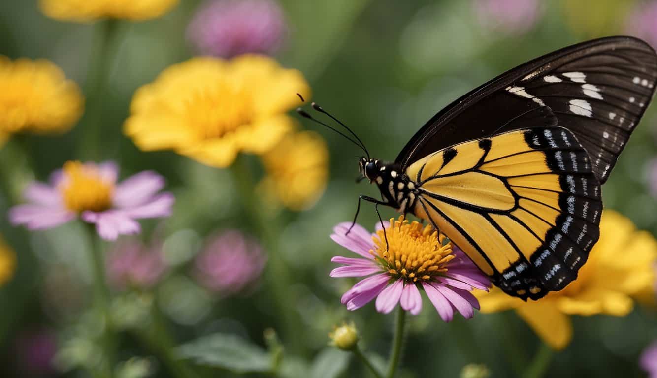 A black and yellow butterfly rests on a vibrant flower, symbolizing transformation and joy