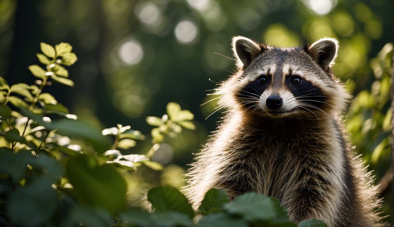 A raccoon stands on its hind legs, its masked face turned upwards, surrounded by lush greenery and dappled sunlight