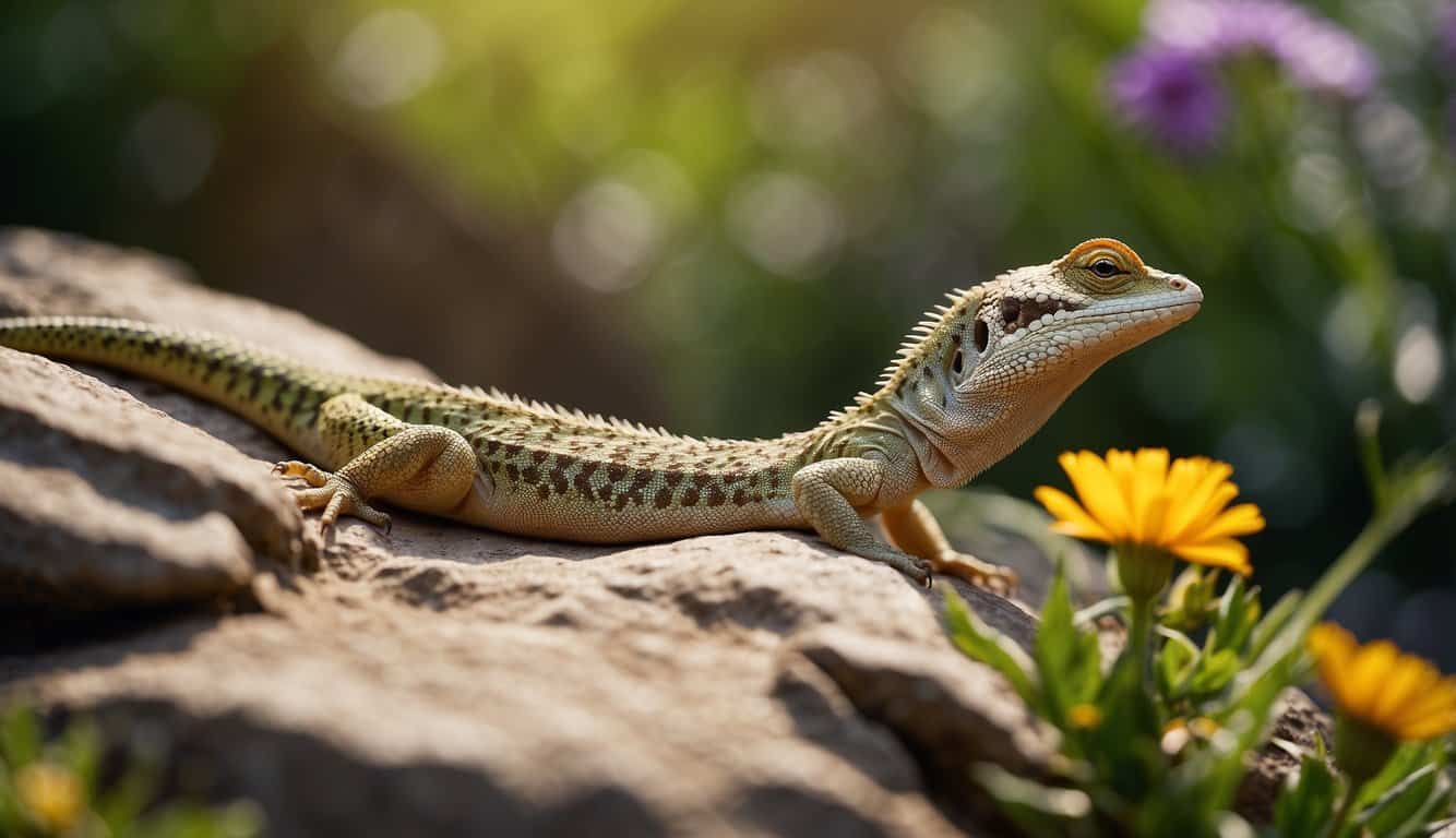 A lizard perched on a rock, basking in the sun's warm glow, surrounded by vibrant greenery and blooming flowers, symbolizing renewal and transformation in the natural world