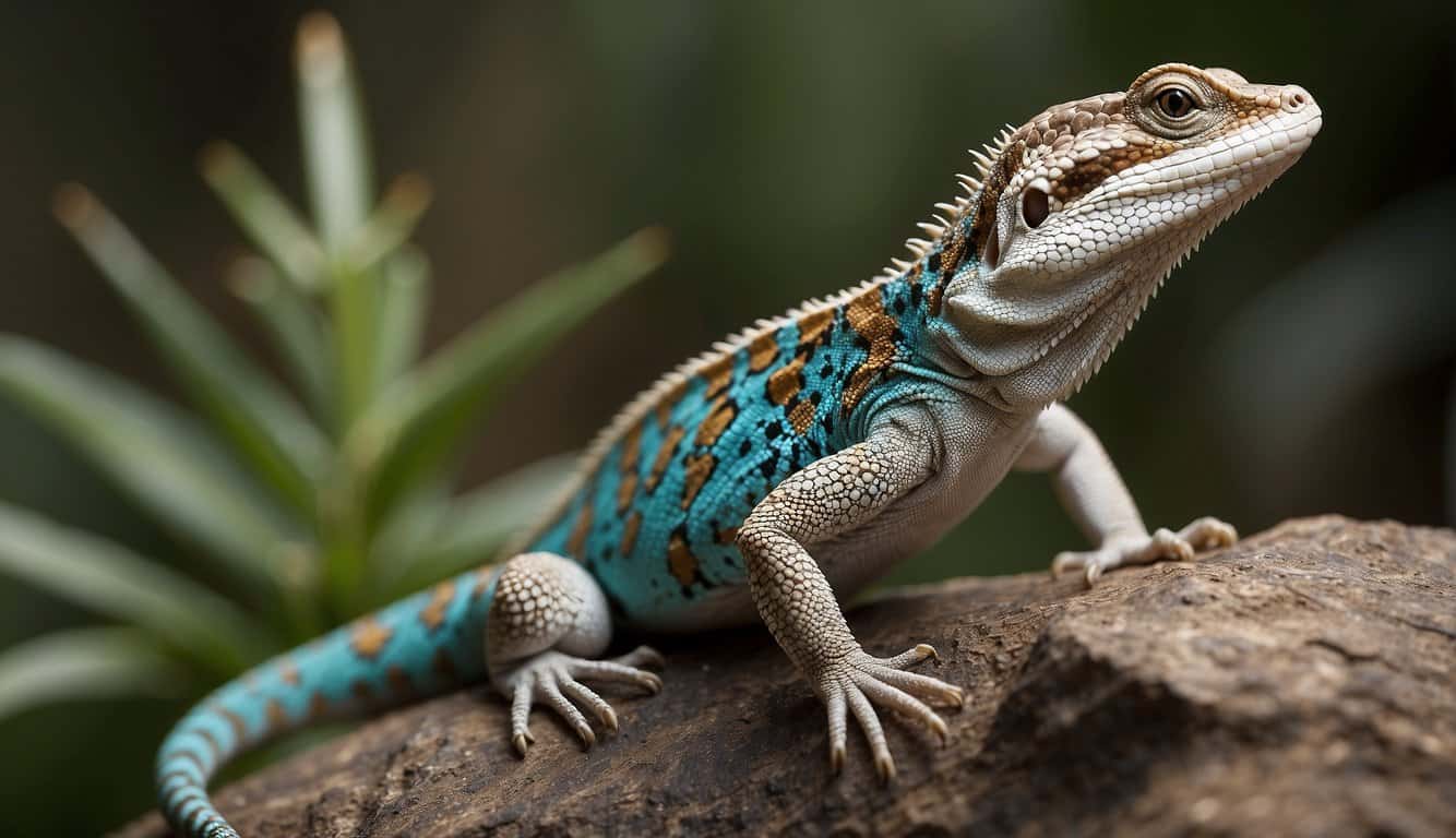A lizard perched on a rock, its body adorned with intricate patterns and symbols representing cultural and spiritual significance
