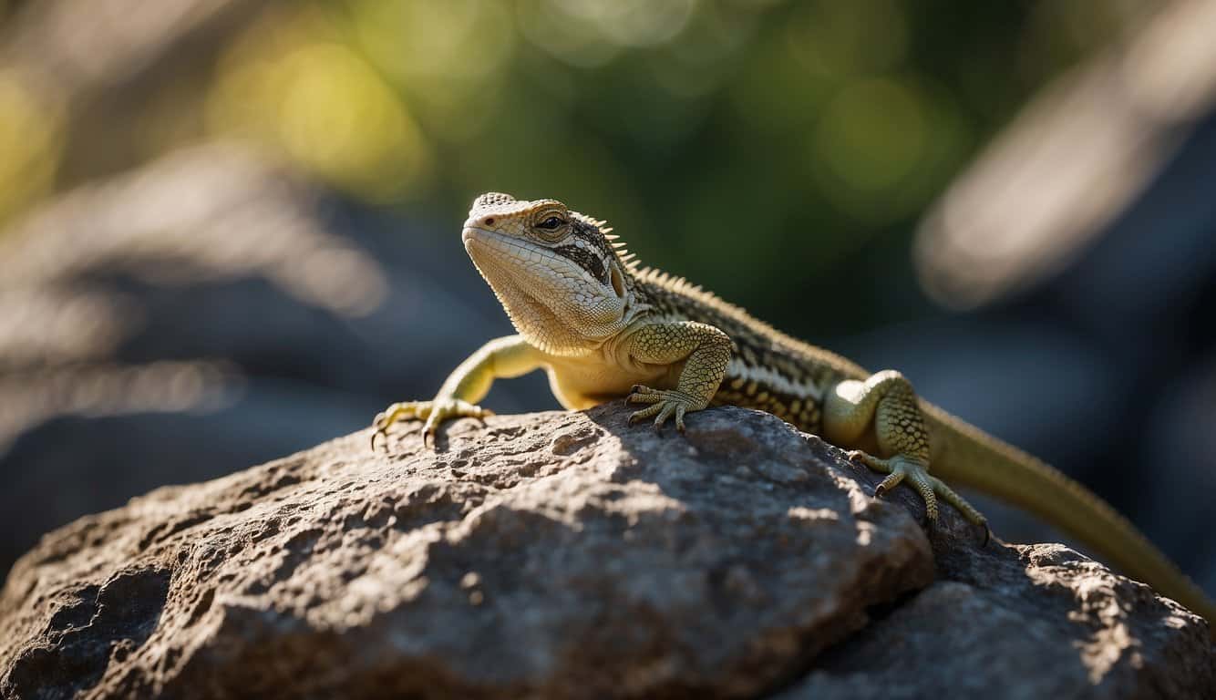 A lizard perched on a rock, its scales shimmering in the sunlight. Surrounding it are symbols of transformation and renewal