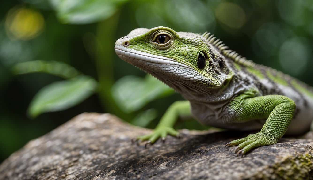 A lizard perched on a rock, surrounded by vibrant green foliage, with a sense of alertness and wisdom in its eyes