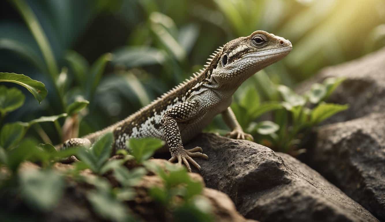 Lizards basking on sun-warmed rocks, tails curled, eyes alert. Surrounding plants and insects. Symbolizing agility, adaptation, and transformation