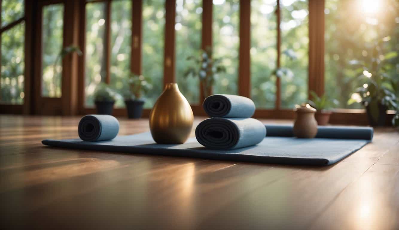 A serene studio with mats and props, one side for hatha yoga, the other for ashtanga. Soft lighting and peaceful ambiance