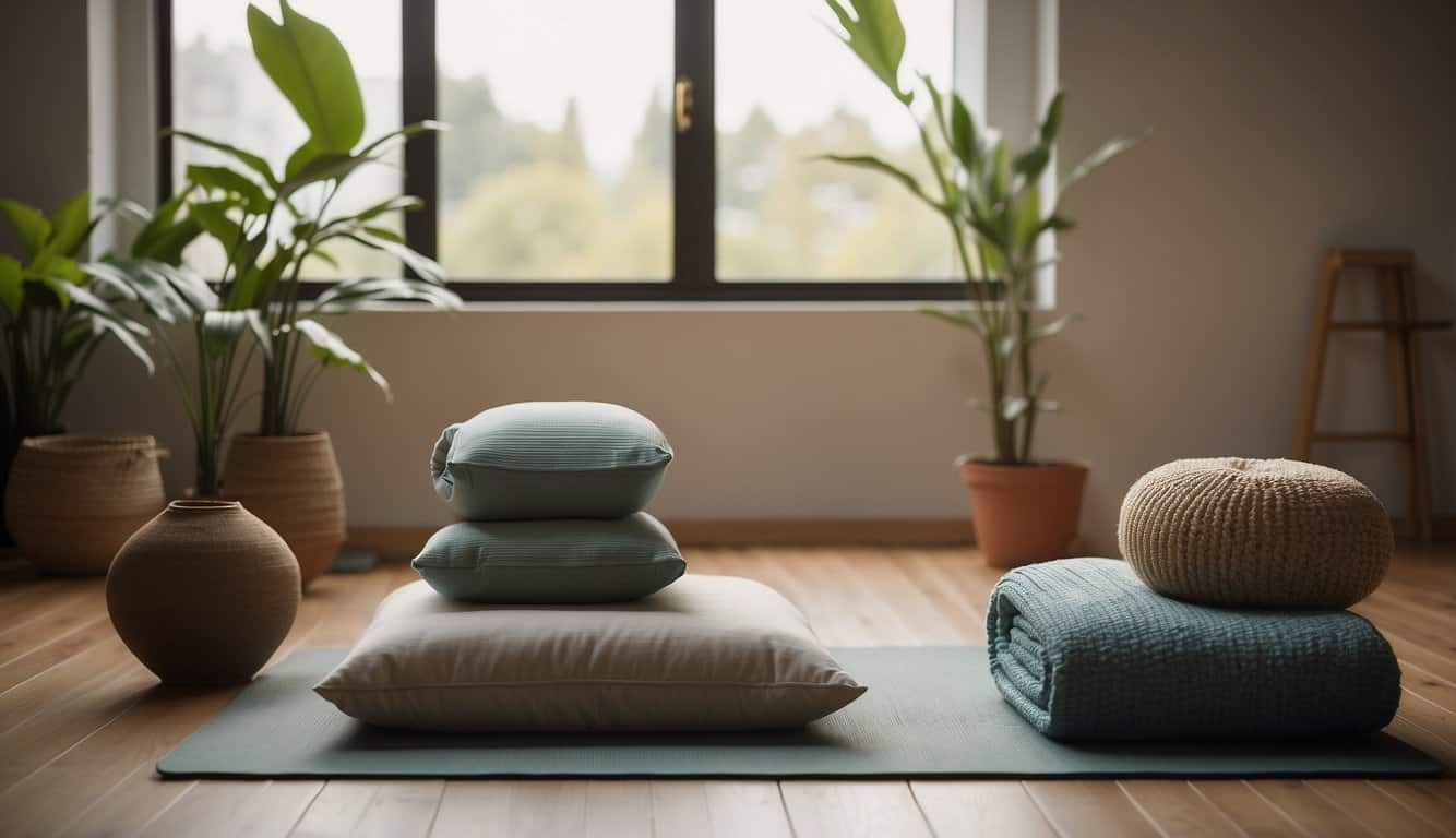 A serene studio with mats and props, one side for hatha and the other for ashtanga. Soft lighting and calming colors create a peaceful atmosphere