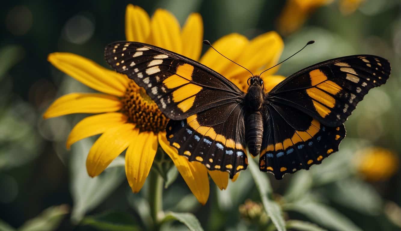 A black and yellow butterfly perched on a wilted sunflower, symbolizing transformation and hope