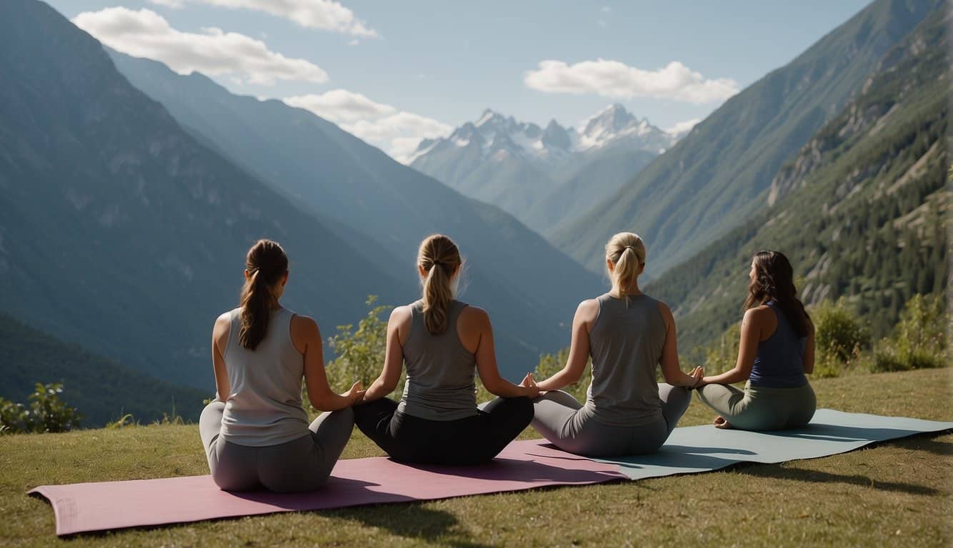 A serene mountain landscape with a clear distinction between hatha and ashtanga yoga practitioners in separate, peaceful settings