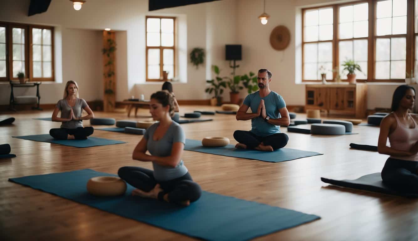 A serene yoga studio with soft lighting, mats arranged in a circle, and props like bolsters and blocks. A peaceful atmosphere with gentle music playing in the background