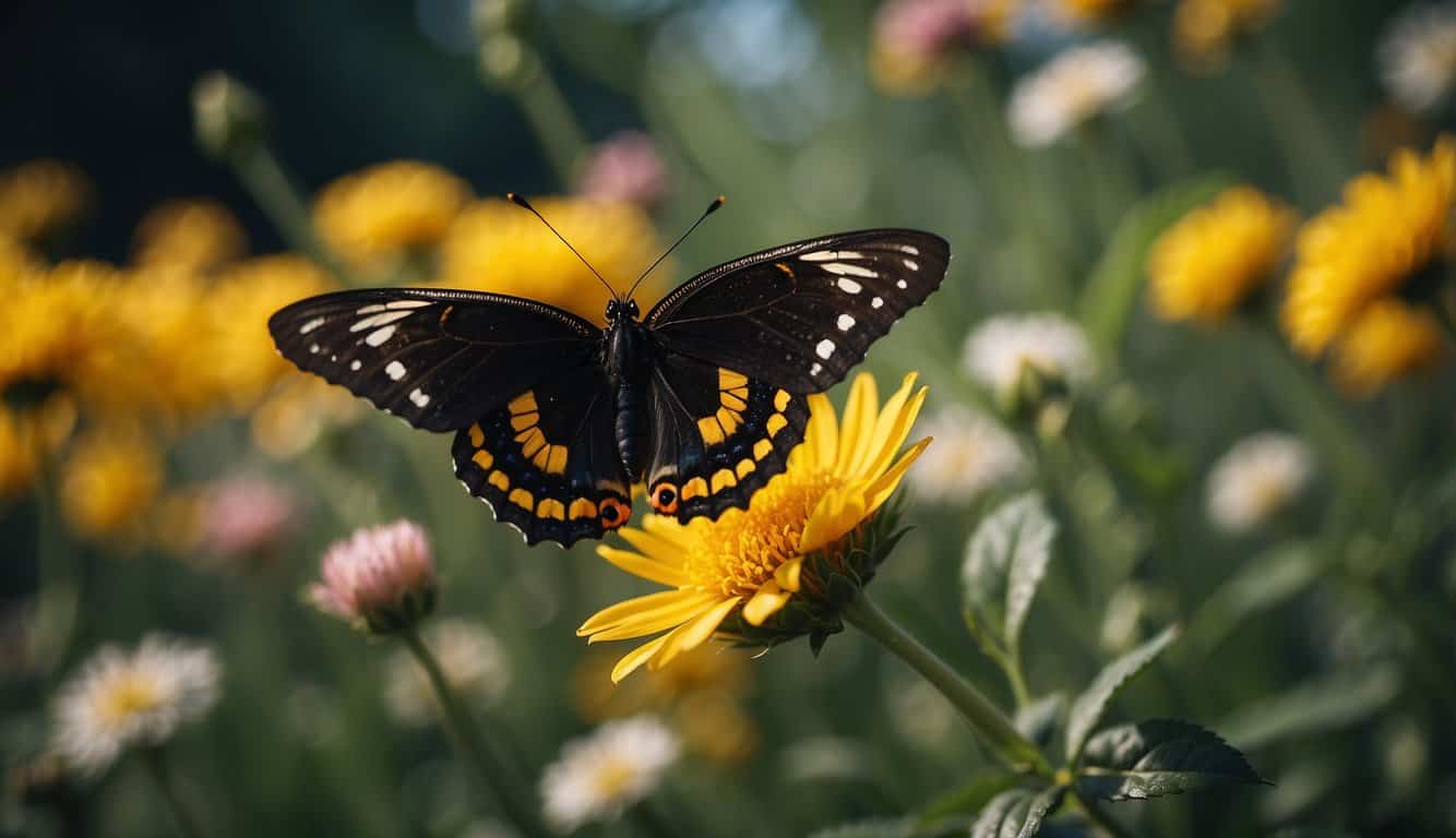 A black and yellow butterfly hovers over a blooming flower, symbolizing transformation and joy in spiritual interpretations