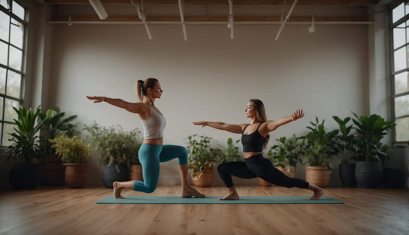 Two yoga practitioners in a studio, one engaged in dynamic power yoga poses, the other flowing through vinyasa sequences, surrounded by serene, natural elements