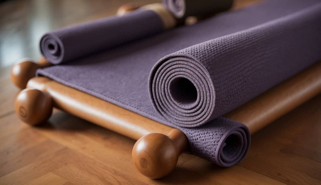 A yoga mat with props, like blocks and straps, set up for a power yoga class. Another mat with a bolster and blankets arranged for a vinyasa yoga session