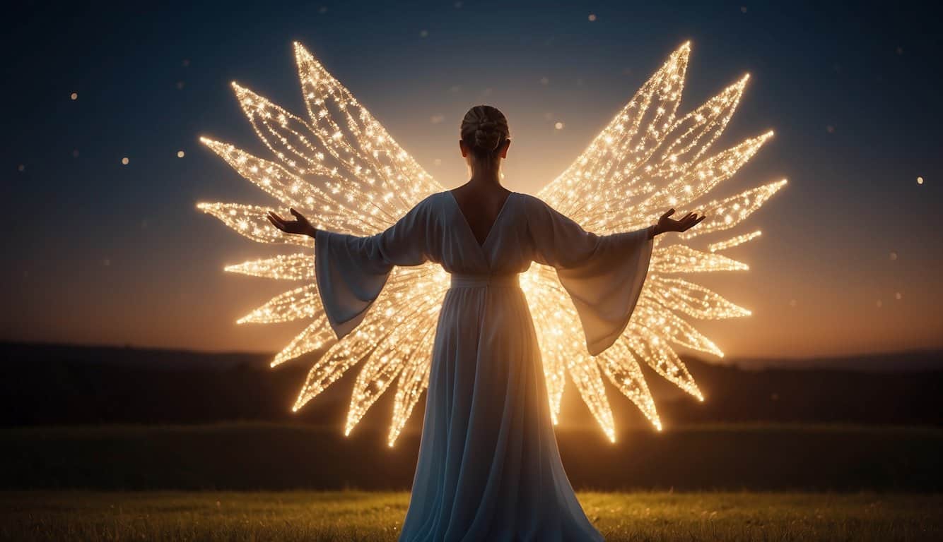 A radiant figure stands under a sky filled with nine glowing stars, each representing the divine significance of angel number 999