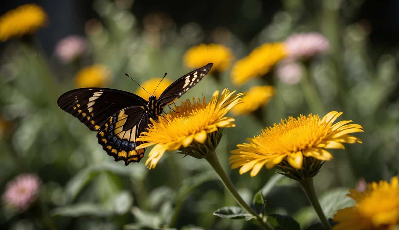 A black and yellow butterfly rests on a vibrant flower, symbolizing transformation and joy in nature's metaphors