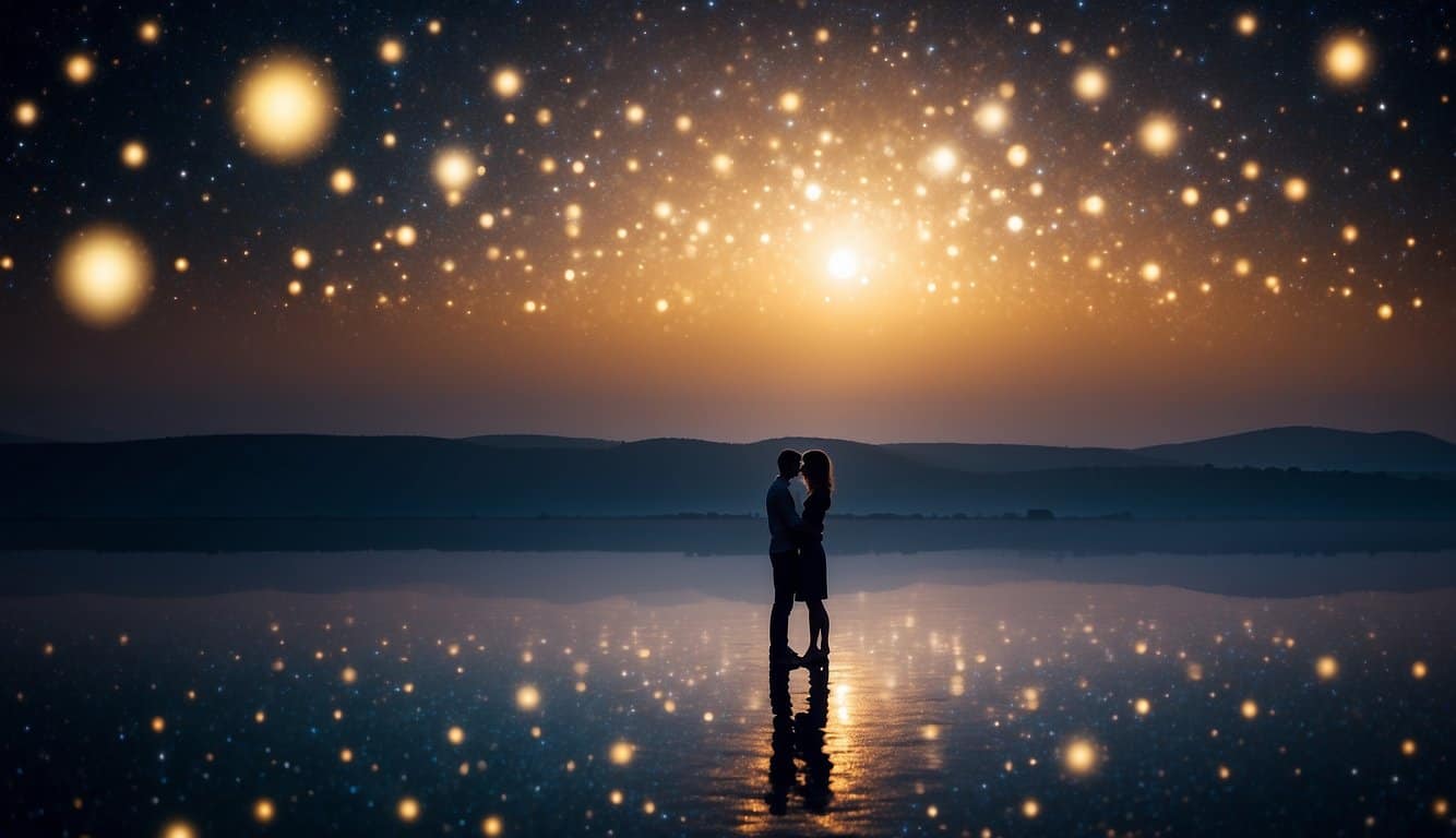 A couple embraces under a starry sky, surrounded by the glow of nine shimmering orbs, symbolizing the spiritual guidance and completion represented by angel number 999