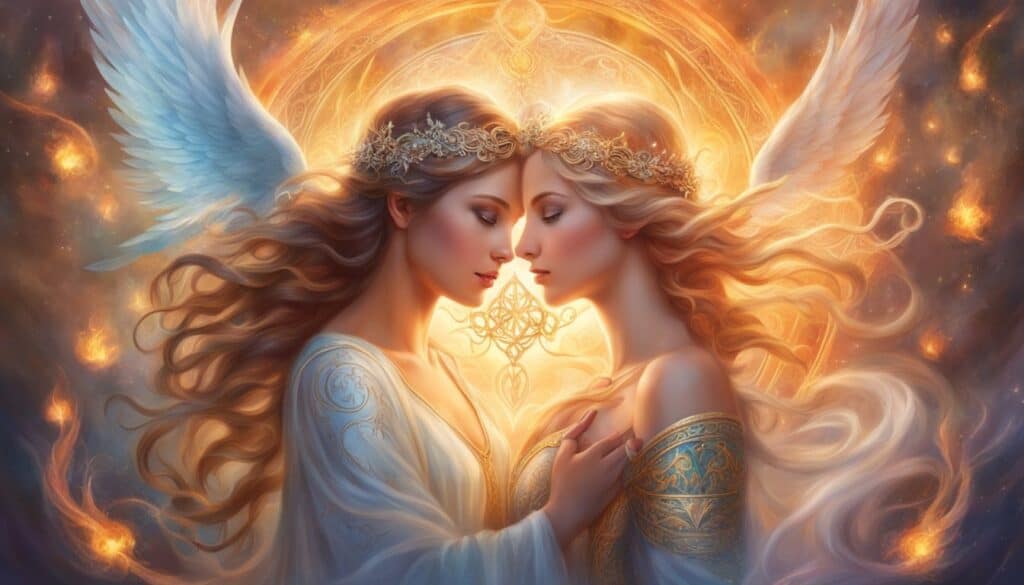 Two intertwined flames surrounded by angelic symbols and a sense of spiritual connection