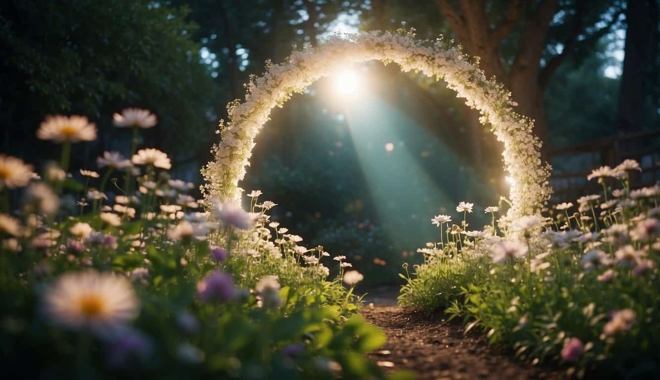 A serene garden with blooming flowers and a beam of light shining down, surrounded by the number 888 repeated in various forms