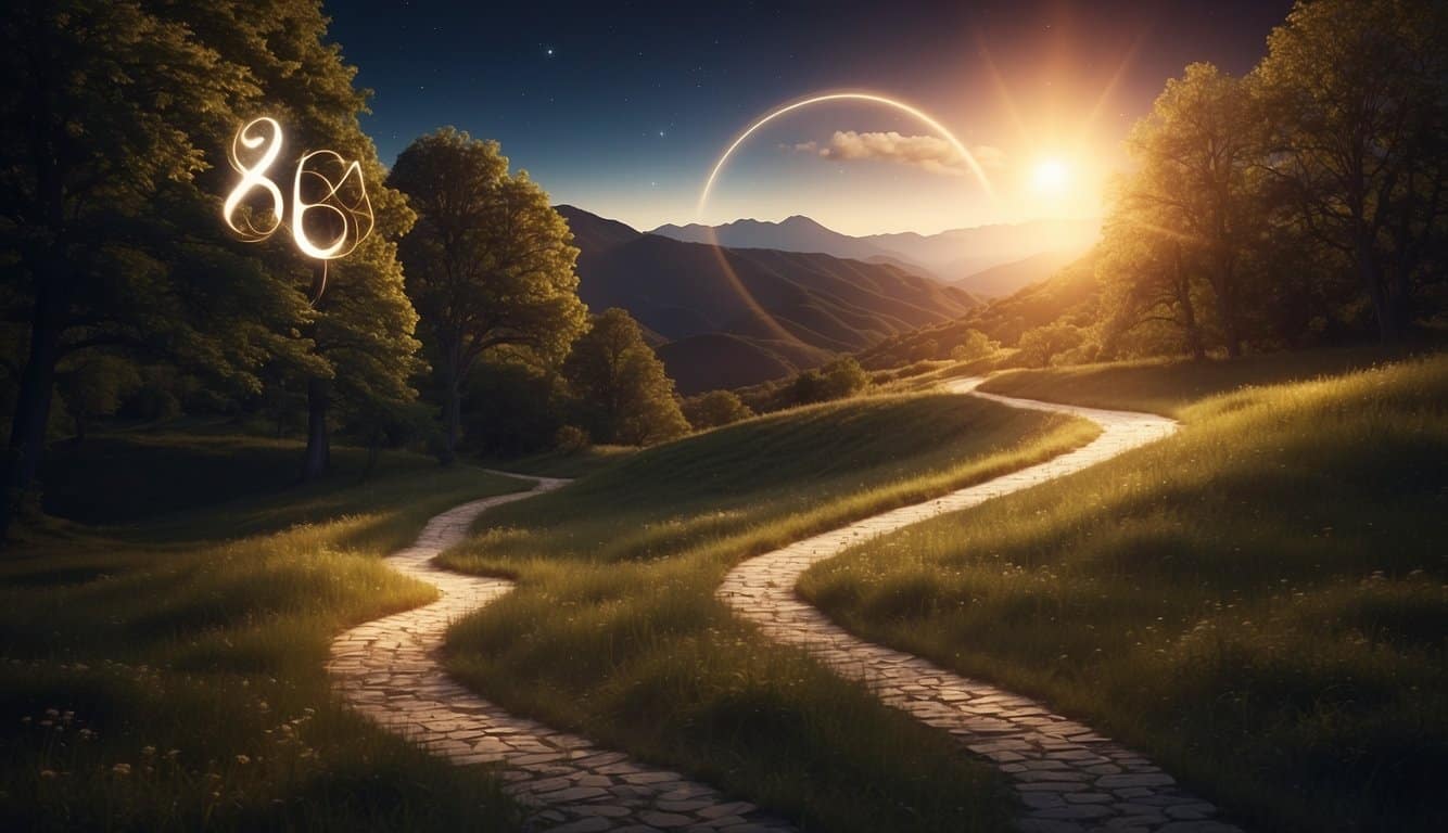 A winding path with a glowing 888 symbol overhead, surrounded by celestial light and a sense of guidance and spiritual significance