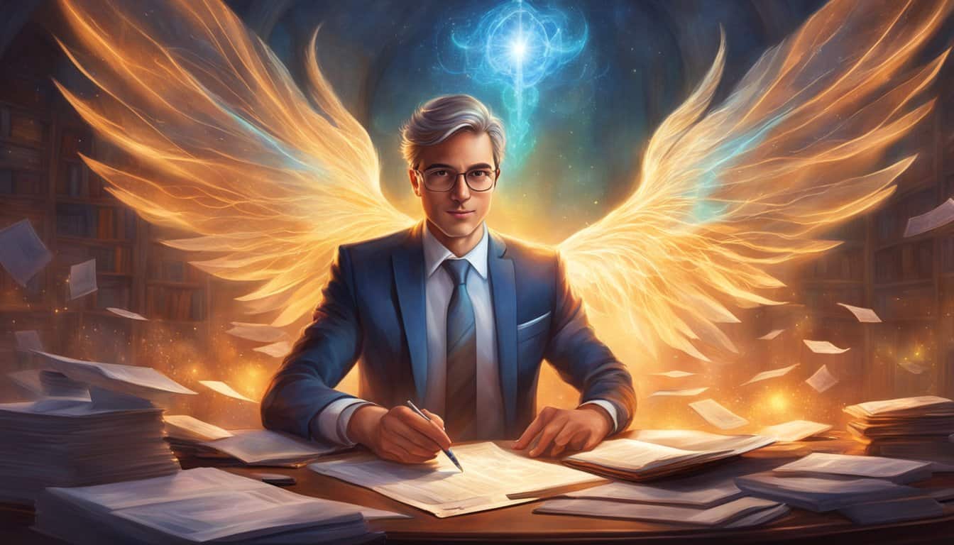 A businessman sits at a desk, surrounded by financial documents and a calculator. A glowing angelic figure hovers above, radiating a sense of guidance and protection