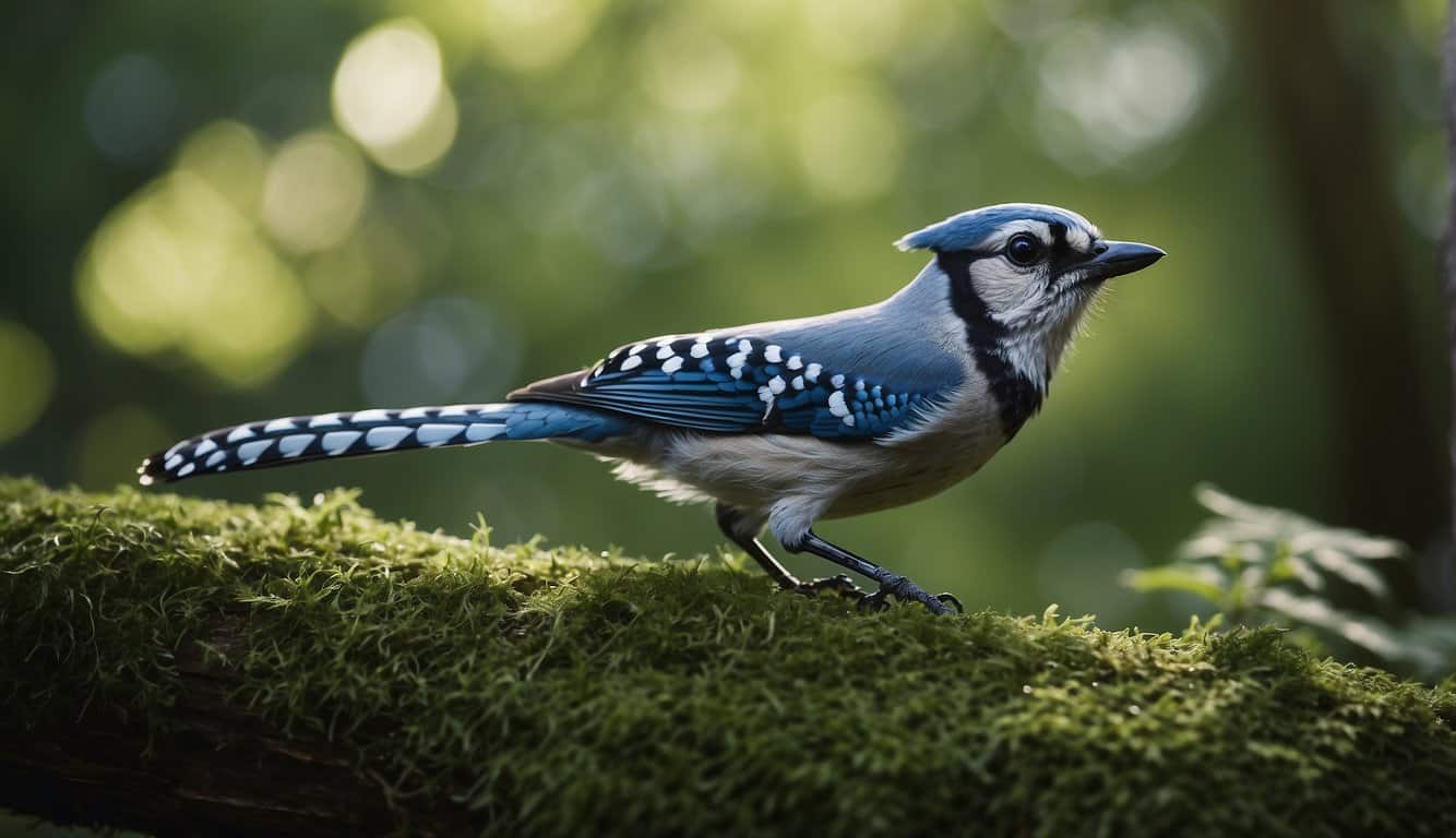 A blue jay feather rests on a mossy branch, surrounded by vibrant green leaves and dappled sunlight, symbolizing spiritual connection and wisdom