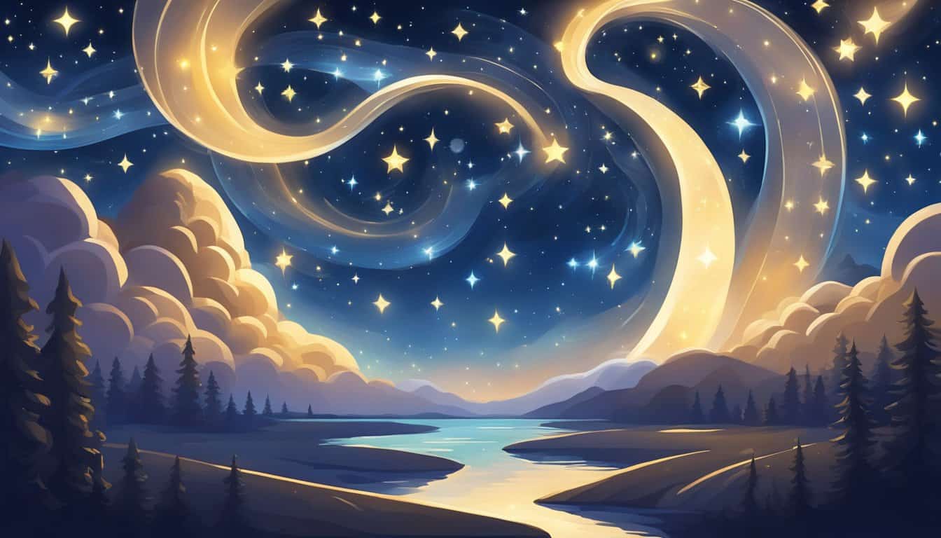 A serene, starry night with three glowing sevens floating in the sky, surrounded by a sense of peace and divine guidance