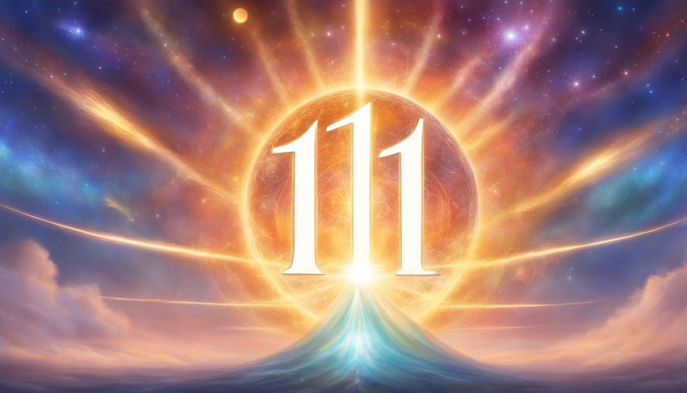 A bright, glowing number "111" suspended in the sky, surrounded by beams of light and a sense of divine presence