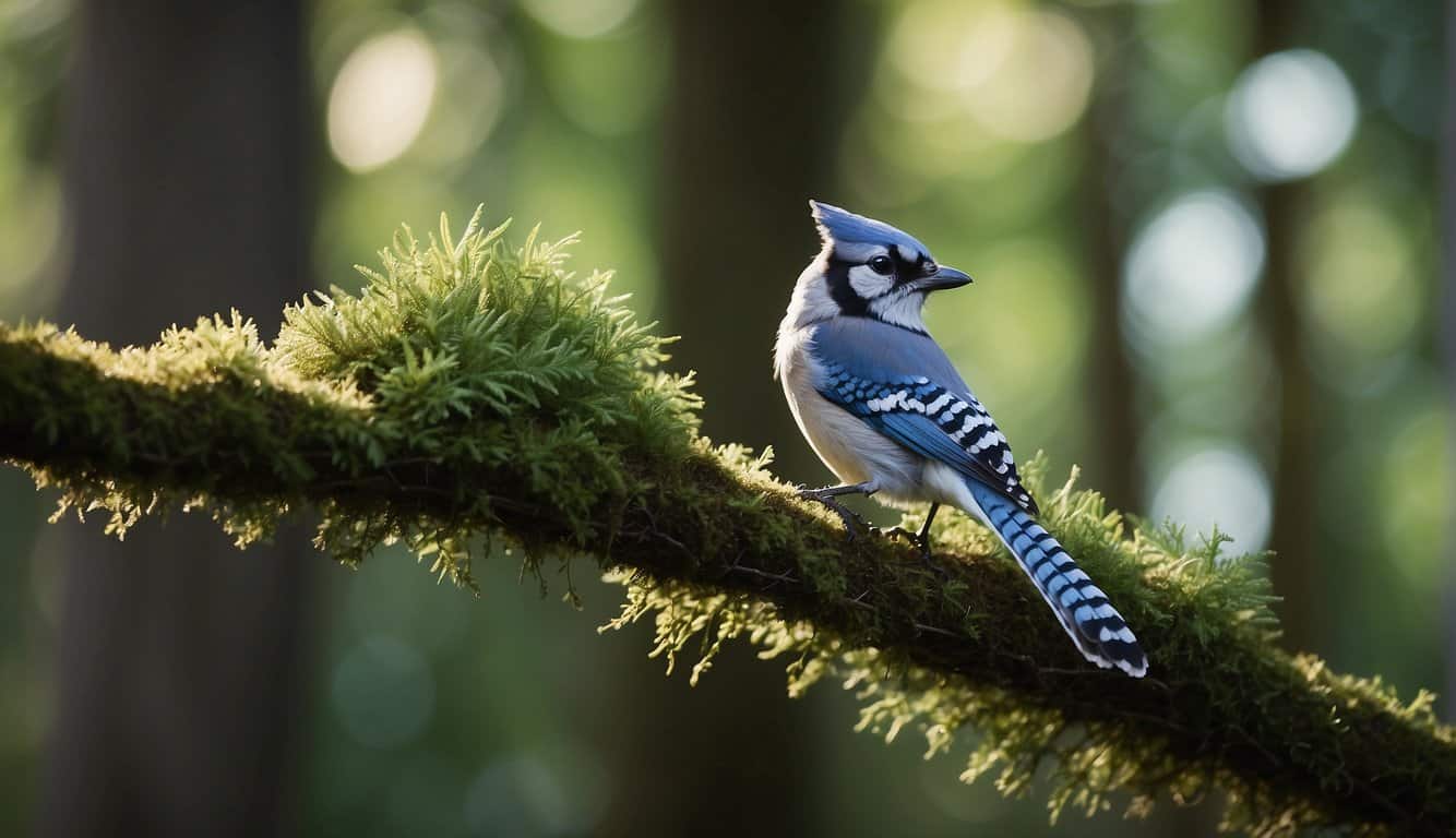 A blue jay feather rests on a moss-covered branch, surrounded by vibrant green leaves and dappled sunlight filtering through the trees